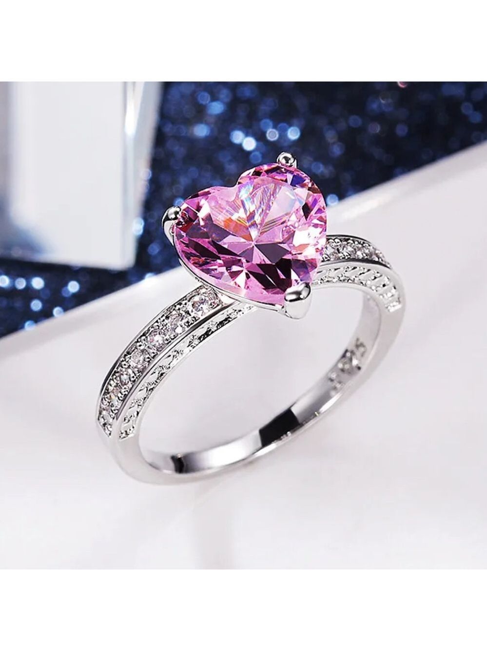 Pink Heart Crystal Silver Ring